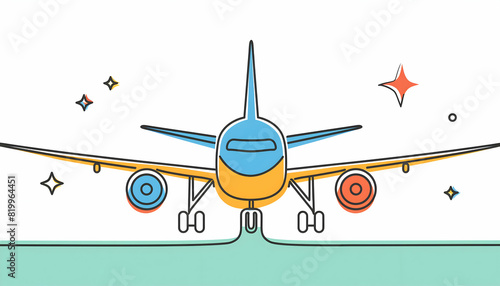 Colorful airplane with continuous one line style on digital art concept.