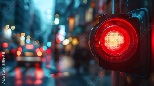 A red emergency siren light flashing on a city street, with a blurred background. A macro shot effect and bokeh effect. 