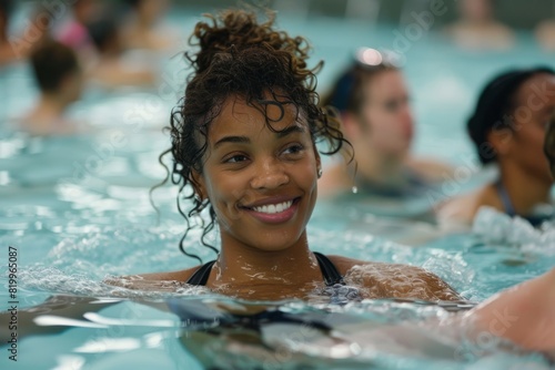 Young women in the pool doing aqua aerobics