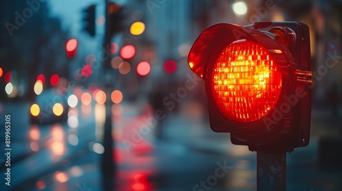 A red emergency siren light flashing on a city street, with a blurred background. A macro shot effect and bokeh effect. 