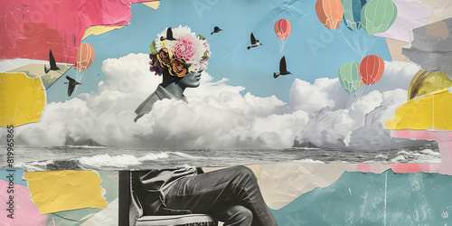 Abstract Surreal Collage with Floral Head, Hot Air Balloons, and Birds in Colorful Sky