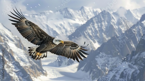 An eagle is flying in front of a snow-capped mountain range. The eagle's wings are outstretched, and its head is turned to the left.