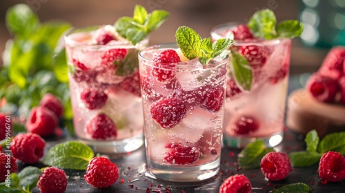 Fruit arranged in three glasses of pink and white drink, garnished with fresh mint leaves and surrounded by raspberries on the table. 