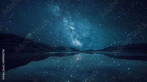 A night sky full of stars, reflecting on the surface of a calm lake. There are tall, dark trees on the shore.