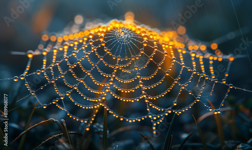 Dew Covered Spider Web Close Up