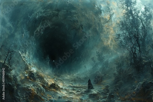Depicting a dark and scary forest with a person walking in the deep black hole