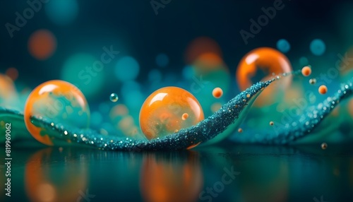 Green, blue, and orange color particles swirling and shimmering on a dark abstract teal background, bokeh light overlay with blurred glitter texture and water bubbles