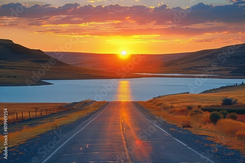 Illustration of empty road going towards a lake and sunset, high quality, high resolution