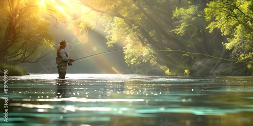 Serene River Scene: Person Engaging in Niche Hobby of Fly Fishing. Concept Nature Photography, Fly Fishing, Serene River Scene, Outdoor Activity, Peaceful Hobby
