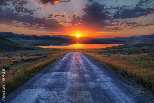 An empty road going towards a lake and sunset, high quality, high resolution