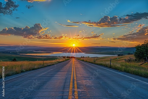 Digital image of empty road going towards a lake and sunset, high quality, high resolution