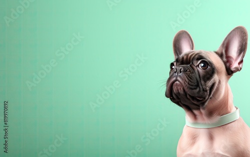 A studio portrait of a French Bulldog looking up at the camera with a curious expression on its face. The dog is wearing a collar and has a light green background.