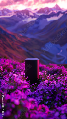 Light on Black Container in Purple Flowers Over Himalayas 