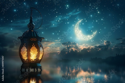 Digital image of lantern with a crescent of stars in night, high quality, high resolution