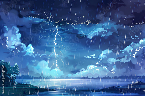 lightning strike, rain background, storm