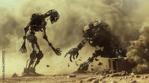 Two robots stand on barren landscape