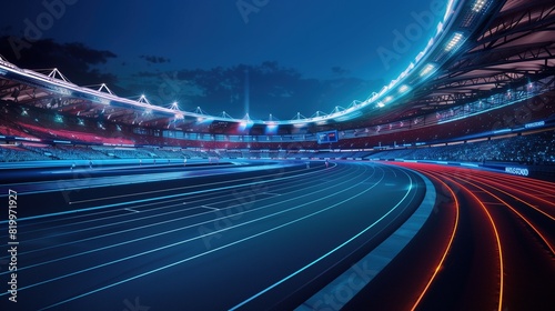 An technological olympic stadium with glowing data streams at night