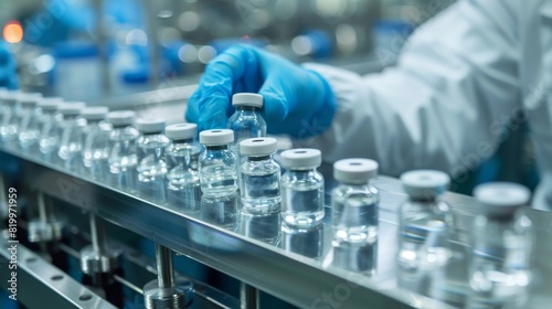 Pharmaceutical Vials on a Production Line in a Laboratory with Sterile Conditions and Precision. The process involves manufacturing of glass vials with utmost hygiene and quality control