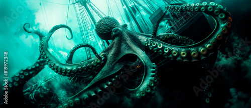 A giant octopus or squid and sunken ancient ship in abyssal depts.