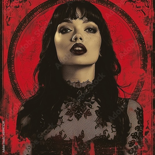 A dark portrait of a vampire woman with long black hair, red lips, and a black lace dress.