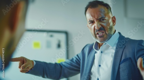 Angry man in suit pointing yelling intense expression business setting whiteboard in background confrontation assertive posture.