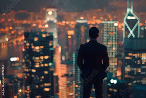 Business executive contemplating over city skyline view, thoughtful and strategic, Editorial Photography style, realistic photography empowering and vibrant, feeling success