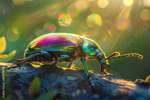 A jewel-like iridescent beetle clings to a blade of grass, its wings glistening in the sunlight