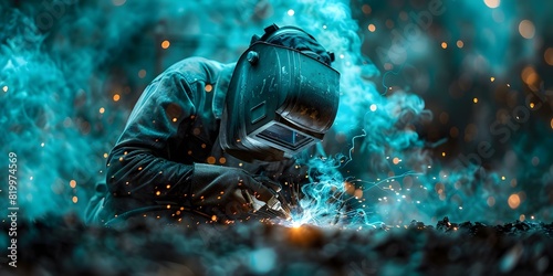 Master welder showcasing expert skills with intense sparks flying and fusing materials while wearing safety gear. Concept Welding Skills, Expert Craftsman, Safety Equipment, Intense Sparks