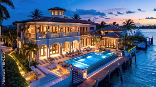 A large house with a pool and a dock on the ocean.
