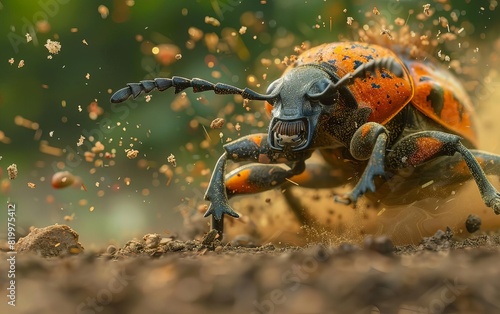 A closeup photograph of a brightly colored beetle scurrying across a pile of dirt