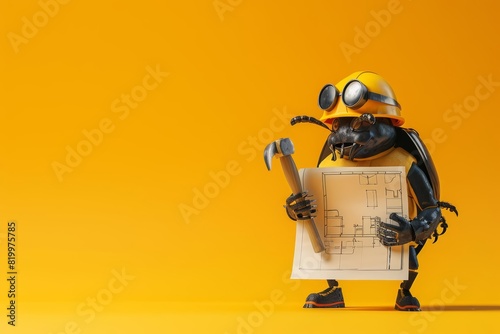A beetle in construction gear, holding a hammer and blueprint against a solid orange background with copy space