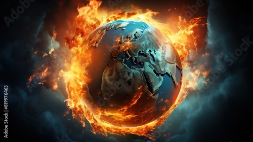 .Earth planet burning in flames on dark background. Concept of the end of the world and global warming. global warming concept. climate change. Burning and exploding planet Earth. The end of planet.