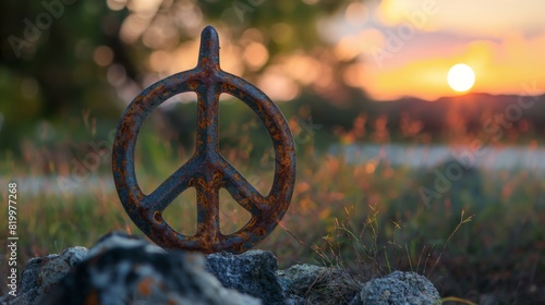 A peace sign is sitting on a rock in a field generated by AI
