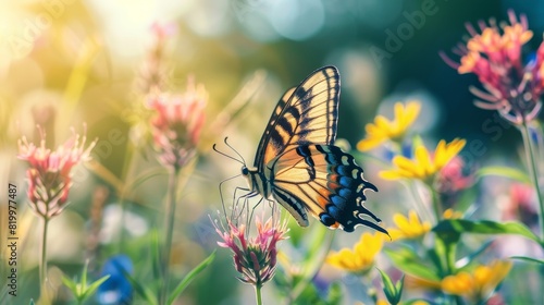 A closeup of a beautiful butterfly on a wildflower with clear skies