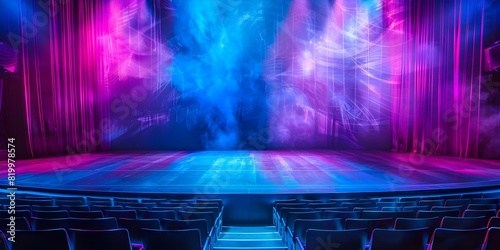Illuminate empty opera stage with vibrant stage lighting and colorful backdrop. Concept Opera Stage Lighting, Vibrant Colors, Colorful Backdrop, Stage Design, Dramatic Lighting