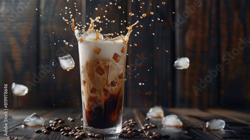  Splash of Iced Coffee with milk in Tall Glass on Dark wood background. Concept Refreshing Summer Drink
