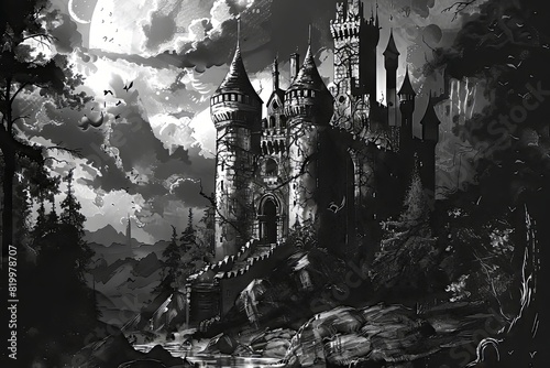 A black and white drawing of a menacing castle, showcasing its towering turrets and imposing walls against a stark background