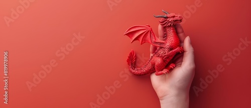 A human hand holding a dragon figurine against a solid color backdrop with copy space
