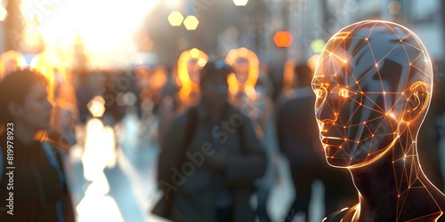 People gather facial recognition system detects individuals with records alerts authorities. Concept Facial Recognition, Privacy Concerns, Technology, Surveillance, Law Enforcement