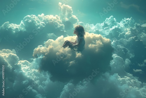 Individual perched on a cumulus cloud above the sky
