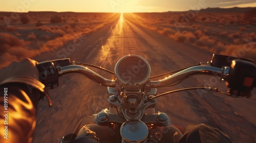 A human hand holding a motorcycle in a desert highway at sunset, evoking a sense of freedom with a blurred backdrop