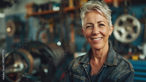 Smiling woman with short gray hair wearing a denim jacket standing in a workshop with various tools and equipment in the background.