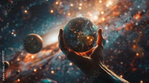 A human hand holding a planet with a view of outer space and other celestial bodies, evoking a sense of the cosmos with a blurred backdrop