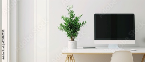 Minimalist workspace with a white desk, a computer, and a single potted plant, organized and uncluttered, plenty of natural light
