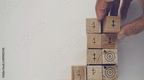 A sketch illustration of a hand placing a wooden block labeled 4 on top of a stack of blocks arranged in ascending order The blocks feature handdrawn arrows and targets