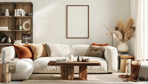 A stylish blank podium showcase in a living room setting with a white sofa and plush pillows The podium is in the center