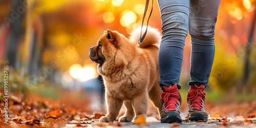 Chow Chow dog eagerly anticipates walk, gazing at owner. Concept Pets, Dogs, Walking, Anticipation, Relationships