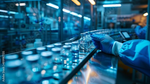 A gloved hand in a pharmaceutical production line carefully handles vials in a sterile environment, following strict cleanliness and safety standards for accuracy and quality assurance