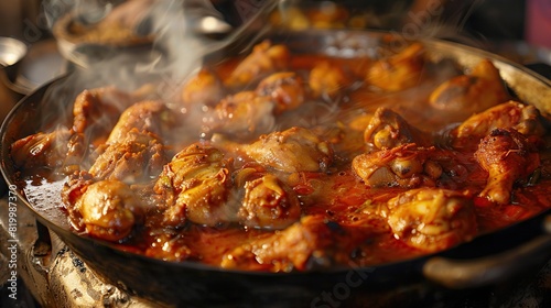 There are several pieces of chicken in a pan with a red sauce and green garnish.