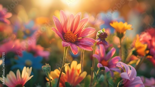 A photograph of a field of flowers. The flowers are mostly orange, yellow, and pink with green stems and leaves. The background is blurred.